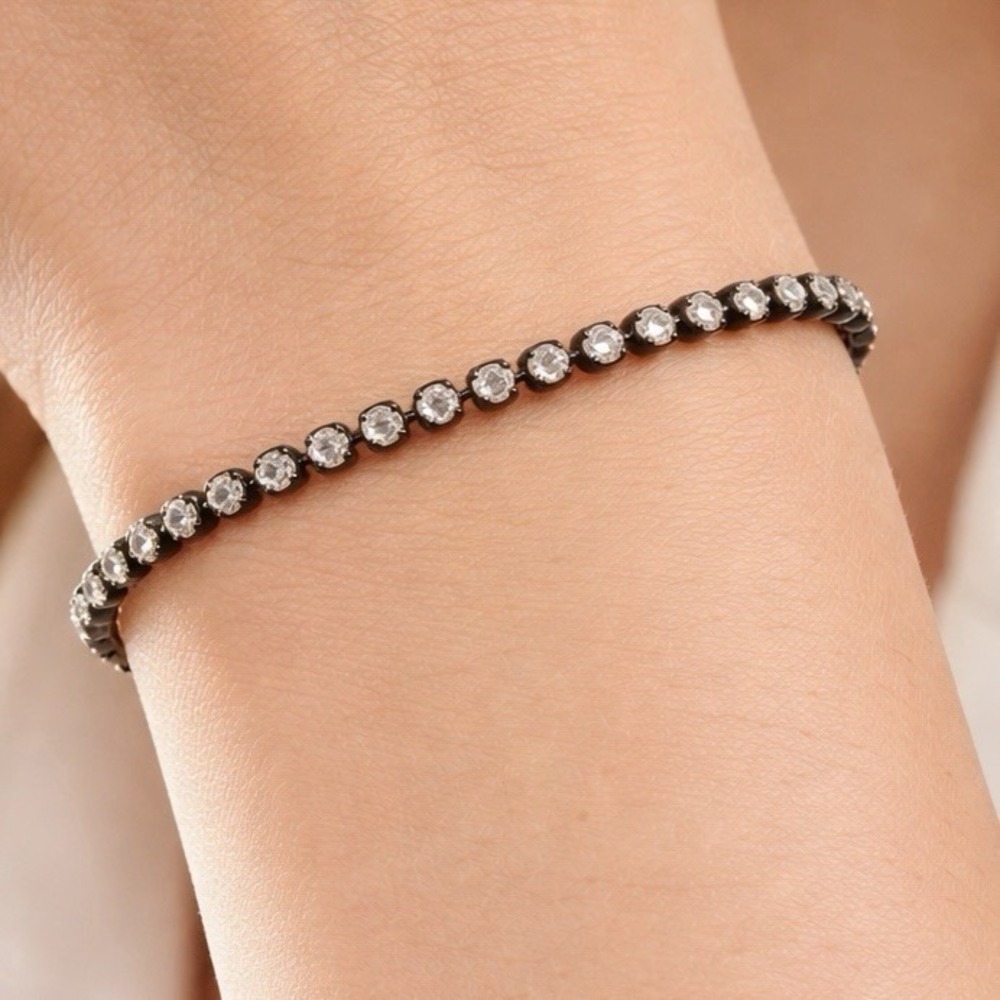 VTG Les Bernard Rhinestone Tennis Bracelet Black Tone Crystal Signed Adjustable